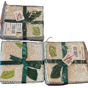 CBK Hand Beaded Floral Coasters White Green Leaf 4 Inch Square 3 Sets of 4 73021